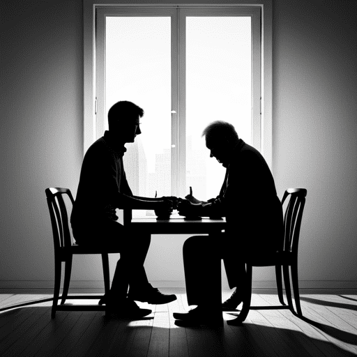 Silhouettes of a younger man comforting an older man.
